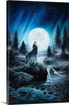 a painting of two wolfs standing on rocks in front of the moon and water