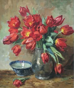 a painting of red tulips in a vase with a blue bowl next to it