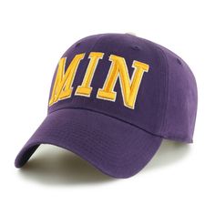 a purple hat with the word minn in gold on it's front and back side