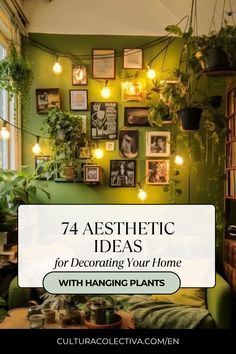 a living room filled with lots of plants and pictures hanging on the wall above it