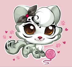 a cartoon cat with big eyes and a bow on her head is playing with a ball of yarn