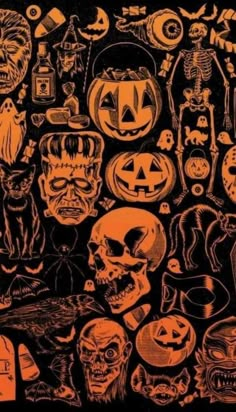 an orange and black poster with many different halloween items on the front, including pumpkins,