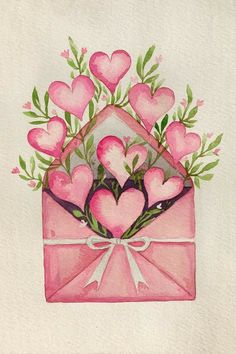 a watercolor painting of pink hearts in an envelope with greenery on the inside