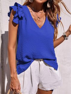 Spring and Summer Women's Casual V-neck Ruffled Undershirt Tops Summer Sleeveless Solid Color Shirt Neck Ruffle, Solid Color Shirt, Summer Tops, Summer Women, Casual Women, Solid Color, V Neck, Blue, Fabric