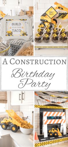 construction themed birthday party with cake and decorations