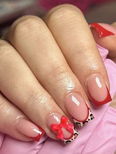 Pinterest photo Short Acrylic Nails Designs For Christmas, Red With Leopard Print Nails, Nail Inspiration Trendy, Red And Black Animal Print Nails, Red Leapord Nails, Leopard Nails Square, Red French Tip Designs, Red French Tip Nails With Bow, Birthday Nails 2024