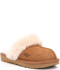 From UGG &#x2C; the Girls' Cozy II Slip-On Slippers feature:Suede upperNylon bindingFabric liningSynthetic outsoleTreadlite  by UGG outsoleImported. Ugg Fluffy Slippers, Fluffy Ugg Slides, Ugg’s Slippers, My Christmas Wishlist Slippers, Ugg Slippers Ugg, Gray Ugg Slippers, Uggs Preppy, Tan Ugg Slippers, Trendy Ugg Slippers