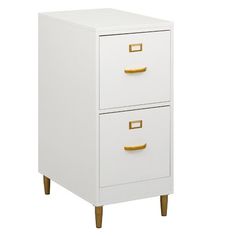 a white and gold file cabinet with two drawers on one side, the other is closed