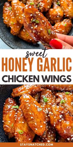 honey garlic chicken wings in a skillet with text overlay