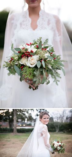 the bride is holding her wedding bouquet and posing for pictures in front of some trees