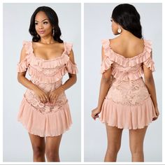 Ruffle And Lace Mini Dress. Can Be Worn Off Or On The Shoulder. Perfect For A Vacation. Flutter Sleeve Mini Dress With Ruffles For Party, Party Mini Dress With Ruffles And Flutter Sleeves, Feminine Off-shoulder Mini Dress With Ruffles, Flirty Off-shoulder Dress With Ruffles, Off-shoulder Ruffled Mini Dress For Brunch, Feminine Off-shoulder Ruffled Dresses, Fitted Ruffle Mini Dress For Day Out, Fitted Mini Dress With Ruffles For Day Out, Fitted Mini Dress With Ruffles For Garden Party