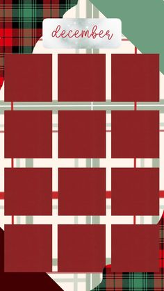 a red and green plaid christmas card with the word december written on it in white