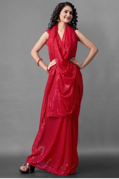 Attrective Look This Pretty Elegant Looking Designer Party Wear Saree In Red Color Paired With Blouse. This Saree Are Georgette And Blouse Are Banglori Silk Based With Designer Sequence Embroidery Work Beautified Saree. Buy Now.Product Features:  Saree Color: Red Blouse Color: Red Saree Fabric: Georgette Blouse Fabric: Banglori Silk Style Name: Designer Work: Sequence Embroidery, Piping Border Occasion: Partywear Size: Saree Length:-5.5 M Blouse Length:-0.80 M Wash Care: Dry Clean Disclaimer: Th Sequin Saree Party Wear, Designer Party Wear Saree, Sequins Saree, Sari Shop, One Minute Saree, Sequence Saree, Sarees For Girls, Sari Design, Floral Print Sarees