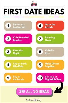 the first date ideas list is shown in this graphic style, and includes information about each event