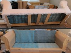 two pictures of a couch made out of wood and some fabric on the back side