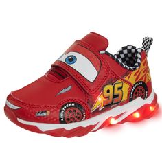 children's light up shoes with cars on the front and side, both red