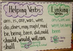 a bulletin board with writing on it that says helping verbs and an image of two clouds