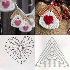 crocheted ornaments are hanging from wooden poles and decorated with red beads, hearts, and arrows