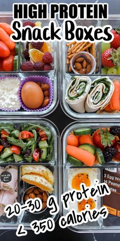 four plastic containers filled with food and the words high protein snack boxes written in white