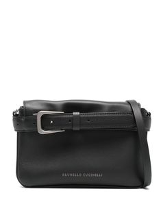 black calf leather smooth grain concealed magnetic fastening detachable shoulder strap decorative belted buckle detail logo print to the front partitioned compartment suede lining internal logo stamp internal patch pocket This piece comes complete with a protective dust bag.