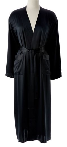 This classically styled long robe is practical for everyday use, yet the sumptuous comfort of its pure silk construction makes each wear feel like a special occasion. Black Robe Aesthetic, Black Silk Pajamas, Black Silk Robe, Black Satin Robe, Thanksgiving Weekend, Character Clothes, Pajama Dress, Birthday Inspo, Silk Robe