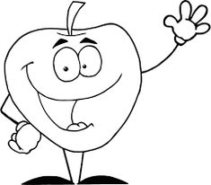 an apple cartoon character waving and giving the peace sign with his hand, outlined in black and white