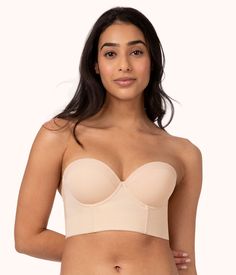 Our long-lined strapless bra offers total freedom to show some back. Delicate boning and flexible underwire make it structured enough to rock on its own. Romantic, sexy, and cool like a corset. Hide or show. Support, always. Love this? Meet the sister, The Low Back Bralette Woman Vest Outfit, Low Back Strapless Bra, Low Back Bra, Bra Materials, Wedding Dress Alterations, Woman Vest, Backyard Sheds, Dress Alterations, Comfortable Bras