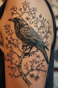 Thistle Vine Tattoo, Crow Tattoo Feminine, Crow Tattoo For Women Beautiful, Raven Tree Tattoo, Crow Sleeve Tattoo, Raven Thigh Tattoo, Crow Tattoo For Women, Dark Feminine Tattoo Arm Sleeve, Raven Tattoo Feminine Arm