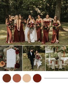 the wedding party is dressed in burgundy and gold