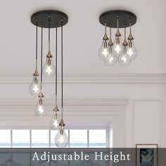 three chandeliers hanging from the ceiling with light bulbs in them and text that reads, adjustableable height