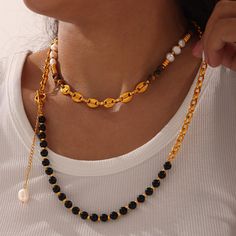 Style: Female Material: Titanium Steel, Freshwater Pearl, Tiger Eye's Stone, Agate Pearl Type: Cultured Pearl Color: White Pearl Shape: As Photos Necklace Length: 62cm & 41+6cm Nose Design, Pig Nose, Collar Chain, Photo Necklace, Tiger Eye Stone, Black Agate, Fresh Water Pearl, Pearl Types, Steel Necklace