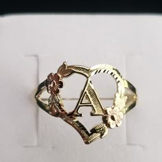 10kt Gold Initial Ring Weight 1.80gms Width 13.5mm Front And 2.4 Mm Back Size 9 No Stones Just A Diamond Cut On Top Of The Ring,Flowers Is In Rosegold. 100% Authentic 10kt Gold Ring Initial Gold Ring, Initial Ring Gold, Gold Things, Quinceanera Jewelry, Initial Rings, K Ring, Girly Bracelets, Mexico Jewelry, Gold Initial Ring