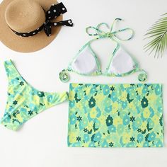 Tavimart Sexy Bikini 2023 Three Pieces Floral Print Swimsuit With Beach Skirt New Swimwear Women Bikini Brazilian Bathing Suit Beachwear Green Backless Swimwear For Beach Party, Green Backless Swimwear For The Beach, Green Backless Swimwear For Beach, Backless Green Swimwear For Beach, Backless Beachwear Tankini For Beach Season, Green Backless Tankini For Summer, Tropical Backless Swimwear For The Pool, Tropical Backless Swimwear For Beach Party, Green Backless Tankini For Poolside