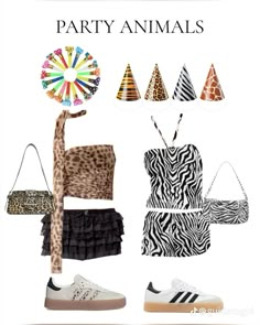 an animal print dress and shoes are featured in the party animals fashion advertise