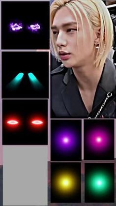 a collage of different colored lights in front of a man's face and hair