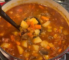 a pot full of stew with a ladle in it on top of the stove