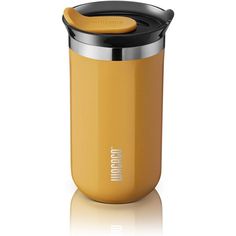 thermos insulated cup with lid is shown in yellow and has black trim