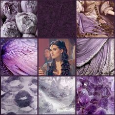 the collage shows many different images of women in purple and white outfits, with wings on them