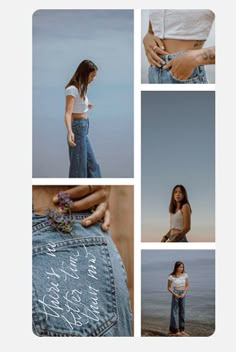 a collage of photos showing the back of a woman's jeans with writing on them