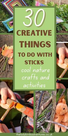 Photos of nature crafts using sticks and test that reads 30 creative things to do with sticks, cool nature crafts and activities Art In Nature Projects, Nature Art For Preschoolers, Indoor Nature Activities For Kids, Diy With Sticks, Woodland Crafts For Kids, Crafts With Sticks And Twigs, Crafts With Sticks, Ideas For Kids Activities, Stick Activities