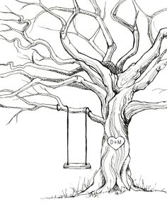 a drawing of a tree with two swings