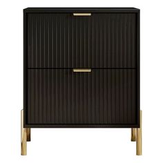 a black and gold cabinet with two drawers on one side, the other is closed