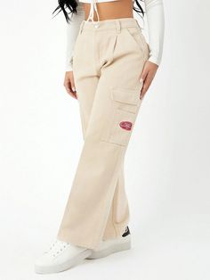 Unveil your fashion flair with our High Waist Pocket Side Wide Jeans. These cargo pants showcase a high waistline and a loose fit, creating a trendy and comfortable ensemble. The non-stretch denim fabric offers durability, while the zipper fly closure ensures easy wear. With a distinctive letter pattern and practical pockets, these tapered jeans are a versatile addition to your wardrobe. Details: Pattern Type: Letter Type: Tapered/Carrot Jeans Style: Cargo Pants Closure Type: Zipper Fly Waist Li High Rise Cotton Wide Leg Pants With Pockets, Fall Cotton Wide-leg Cargo Jeans, High Rise Cotton Wide Leg Pants For Streetwear, Trendy High-waisted Relaxed Fit Cargo Jeans, High Rise Cotton Cargo Style Wide Leg Pants, Urban High-waist Bottoms With Patch Pockets, Urban High Waist Bottoms With Patch Pockets, Casual High Rise Wide Leg Pants With Pockets, Casual Wide Leg Pants With Belt Loops