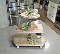 two tiered trays with succulent plants on them in a kitchen setting