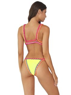 This triangle crochet bikini features exposed elastic detailing that adds a touch of vintage charm and stretchy fabric that ensures a comfortable and flattering fit for all body types. PQ Swim's famous retro-inspired bright yellow bikini produced in collaboration with original female Brazilian designer, Solange Ferrarini. The crochet bikini bottom is a one size fits all, with "teeny" style bottoms coverage. From the Ferrarini by PQ Swim collection.
 Select: Top, Bottom; Size: One Size Beachwear Swimwear With Crochet Trim For Sunbathing, Crochet Trim Beachwear For Sunbathing, Beachwear Swimwear With Crochet Trim For Pool, Vacation Swimwear With Crochet Trim And Stretch, Stretch Swimwear With Crochet Trim, Summer Swimwear With Crochet Trim And Stretch Fit, Triangle Top Swimwear With Crochet Trim For Sunbathing, Stretch Beachwear Swimwear With Crochet Trim, Crochet Trim Swimwear For Summer Poolside