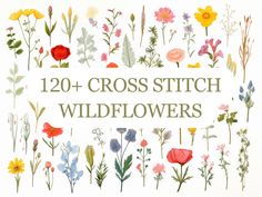 the cover of 120 cross stitch wildflowers is shown in various colors and sizes