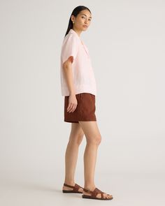 Say hi to relaxed, laidback luxe. Throw on this collared short sleeve with anything to level up a day-to-day fit. The boxy cut will pair with our linen shorts or pants to create your dream resort-life look. Our linen is made from 100% European flax, which is more sustainable and less resource-intensive to grow. Linen is the ultimate year-round fabric because it's breathable and naturally heat-regulating.  | Quince | Women's 100% European Linen Short Sleeve Shirt in Pale Pink, Size XL Summer Blouse With Relaxed Fit And Spread Collar, Summer Blouse With Spread Collar And Relaxed Fit, Relaxed Fit Blouse With Spread Collar For Summer, Modern Short Sleeve Shirt With Camp Collar For Summer, Versatile Collared Shirt With Relaxed Fit, Modern Short Sleeve Tops For Loungewear, Summer Collared Camp Shirt For Workwear, Summer Workwear Collared Camp Shirt, Summer Workwear Camp Shirt With Spread Collar