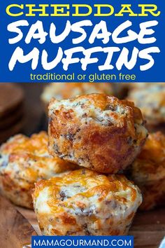 cheddar sausage muffins are stacked on top of each other