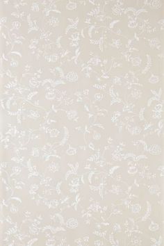 a white wallpaper with small flowers and leaves on the bottom half of it, in an off - white color