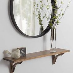 there is a mirror and some plants on the shelf in front of this wall mounted mirror